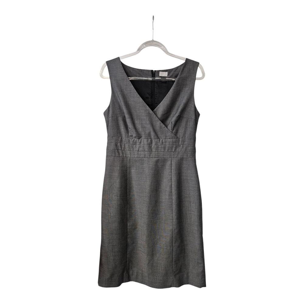 H&M High Waist Sheath Dress SZ 12 Gray Zip Back Sleeveless V-Neck Modern Classic